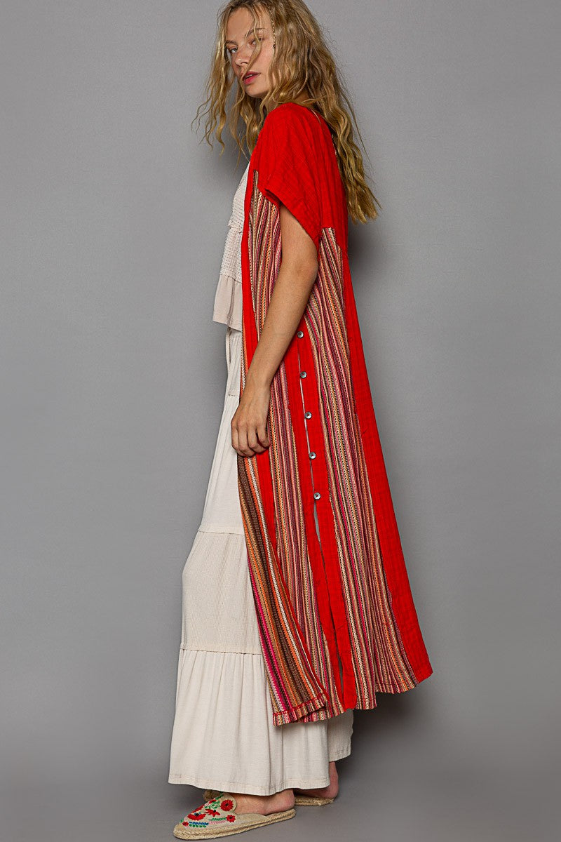 POL Multi Color Open Front Button Slit Panel Tunic Top