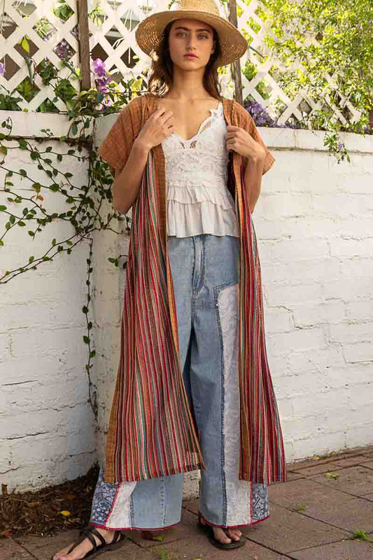 POL Multi Color Open Front Button Slit Panel Tunic Top