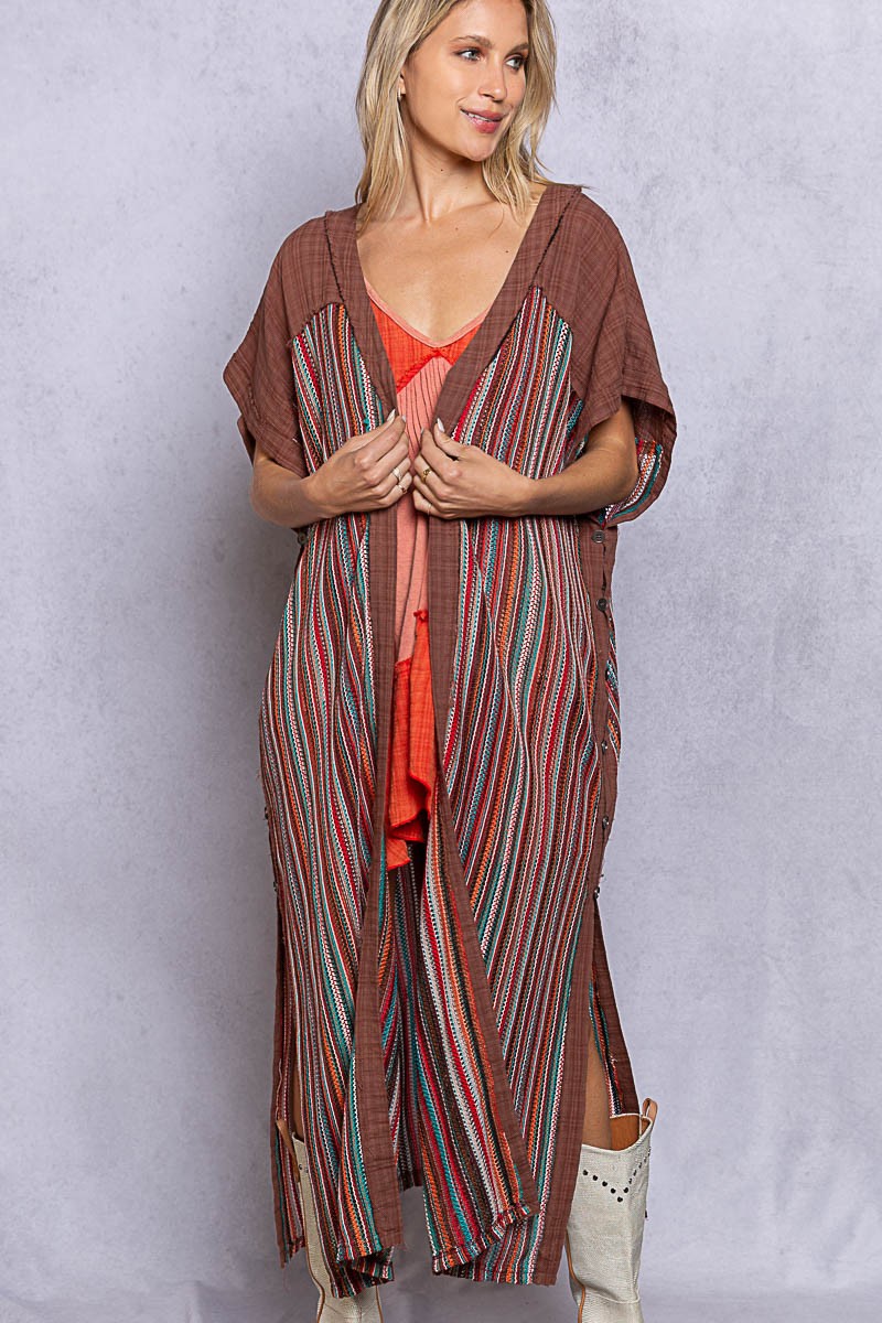 POL Multi Color Open Front Button Slit Panel Tunic Top