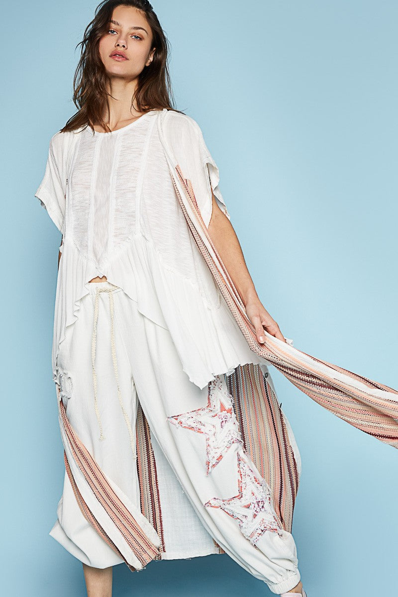 POL Multi Color Open Front Button Slit Panel Tunic Top