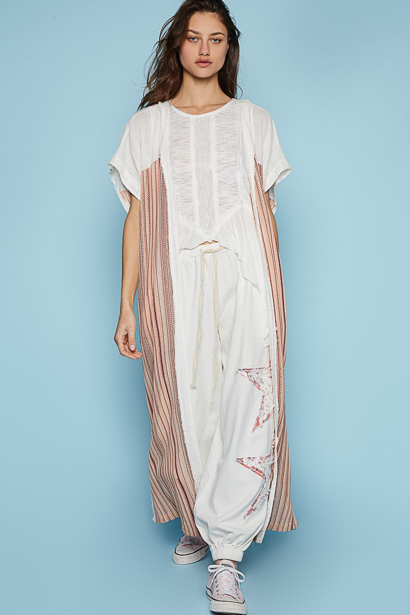 POL Multi Color Open Front Button Slit Panel Tunic Top