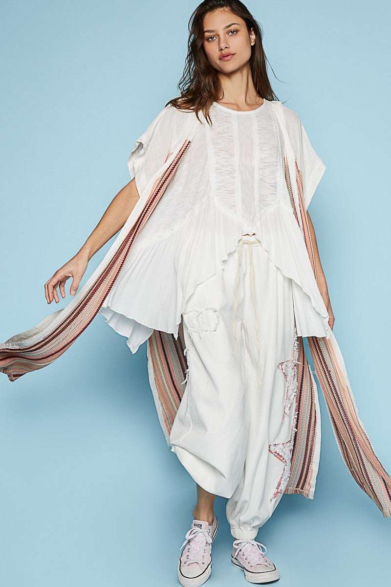 POL Multi Color Open Front Button Slit Panel Tunic Top