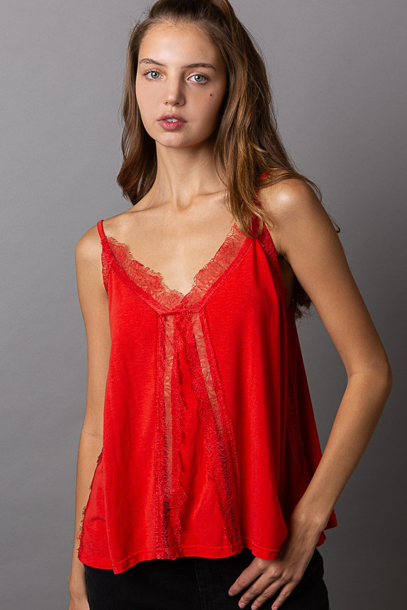POL V Neck Sleeveless Lace Trim Tank Top