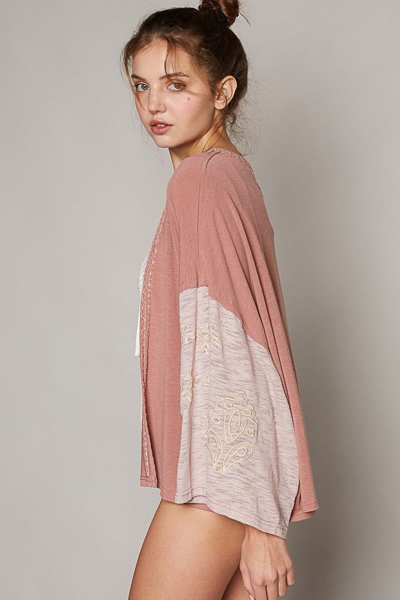 POL Dropped Shoulder Embroidered Bell Sleeve Wrap Top