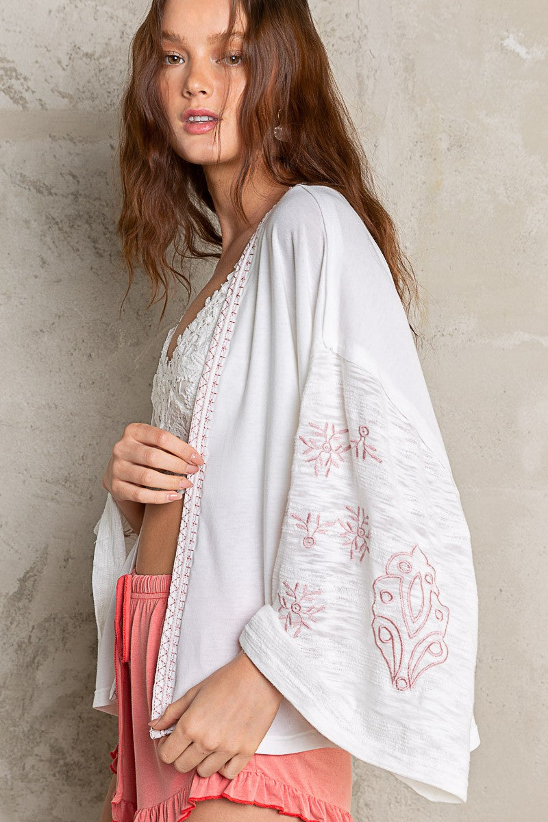 POL Dropped Shoulder Embroidered Bell Sleeve Wrap Top
