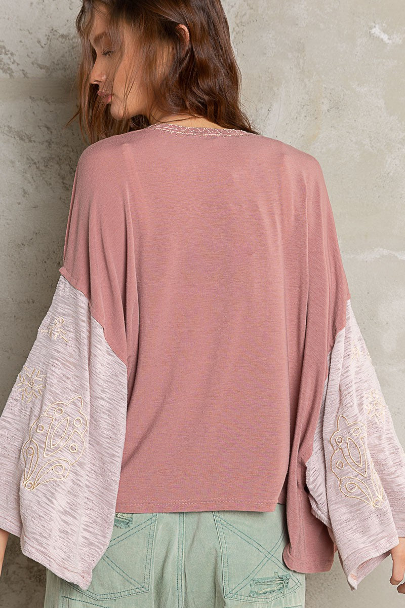 POL Dropped Shoulder Embroidered Bell Sleeve Wrap Top