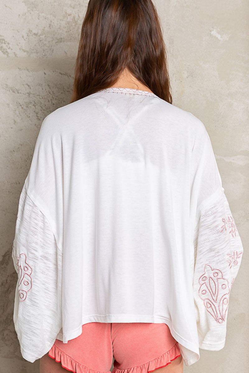 POL Dropped Shoulder Embroidered Bell Sleeve Wrap Top