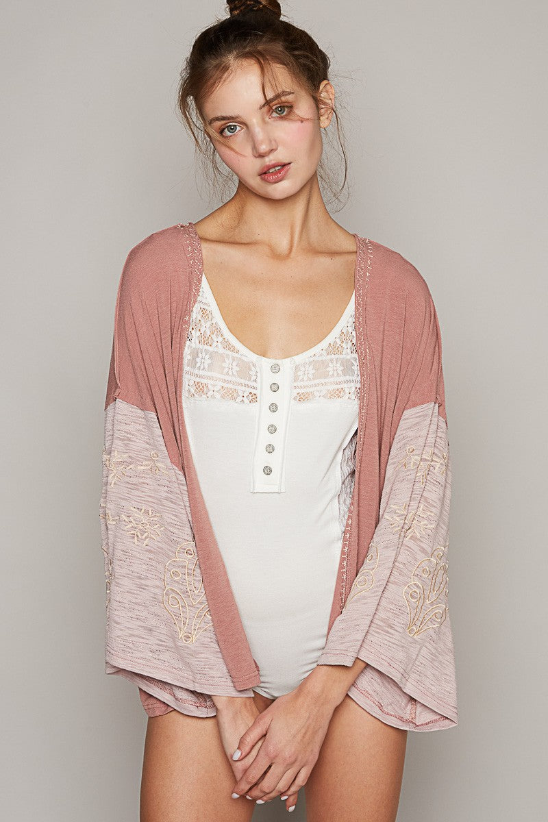 POL Dropped Shoulder Embroidered Bell Sleeve Wrap Top