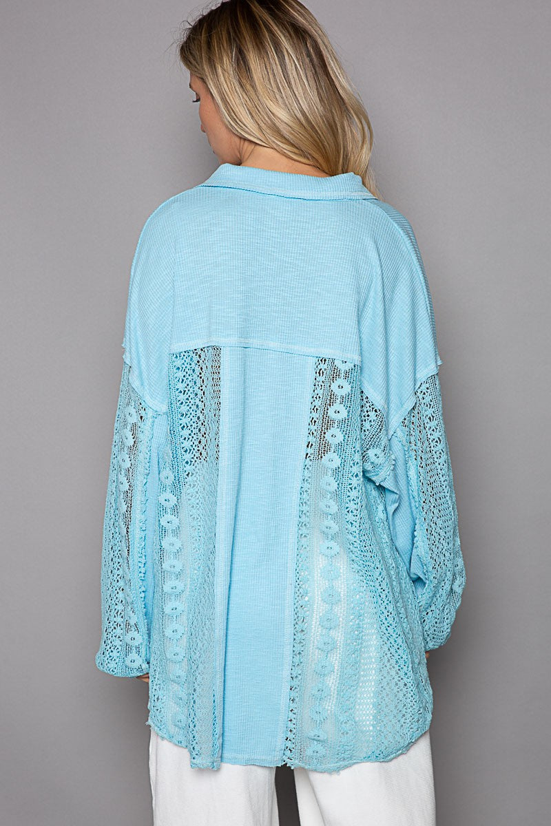 POL Collared Contrast Ribbed Panel Lace Crochet Top