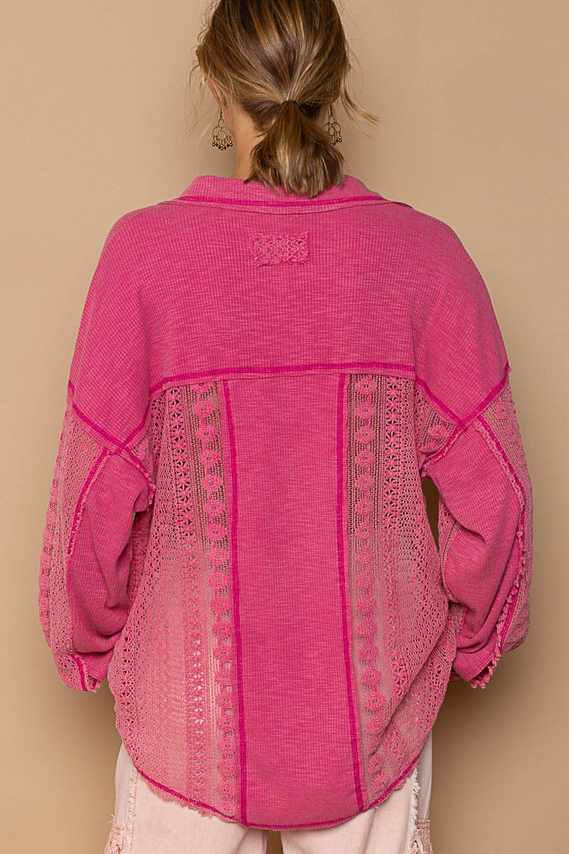 POL Collared Contrast Ribbed Panel Lace Crochet Top