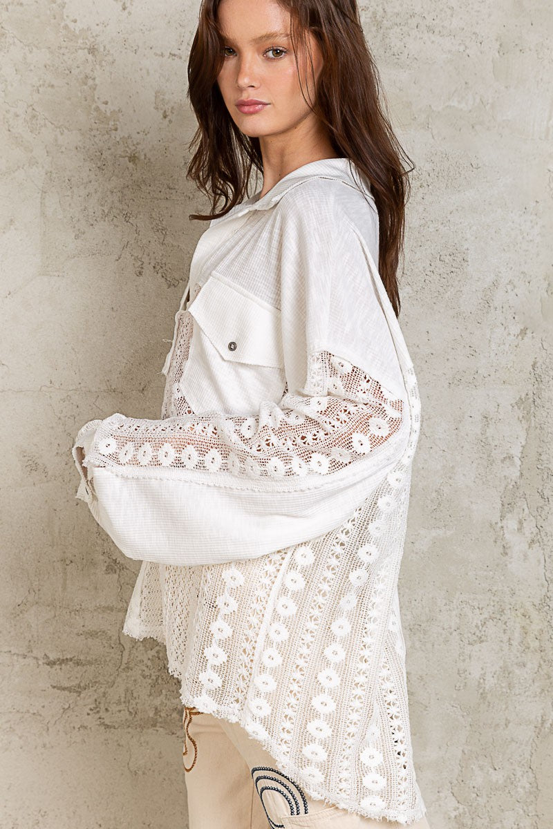 POL Collared Contrast Ribbed Panel Lace Crochet Top