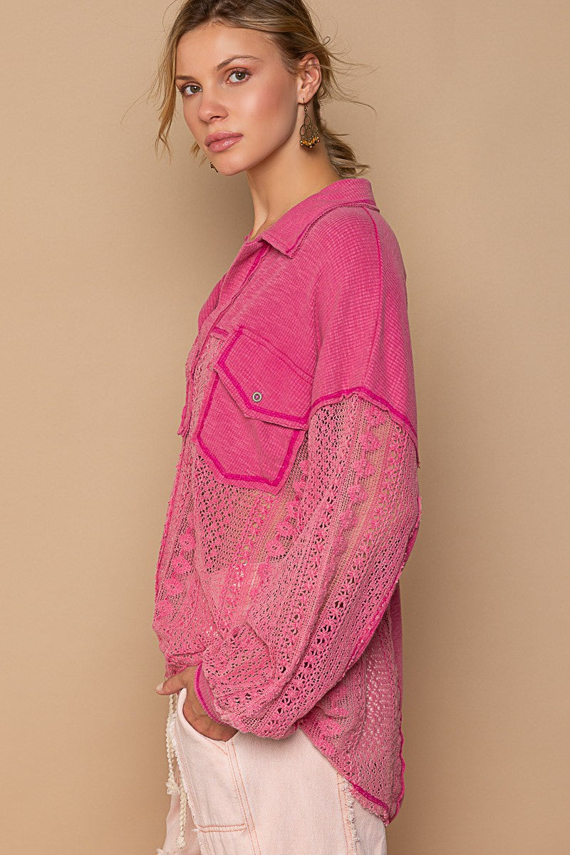 POL Collared Contrast Ribbed Panel Lace Crochet Top