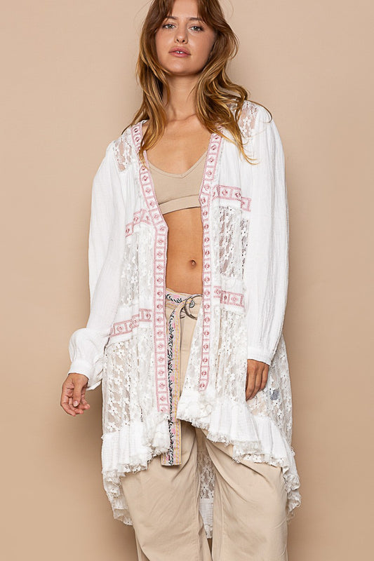 POL Cuff Sleeve Sheer Lace Panels Cardigan Top