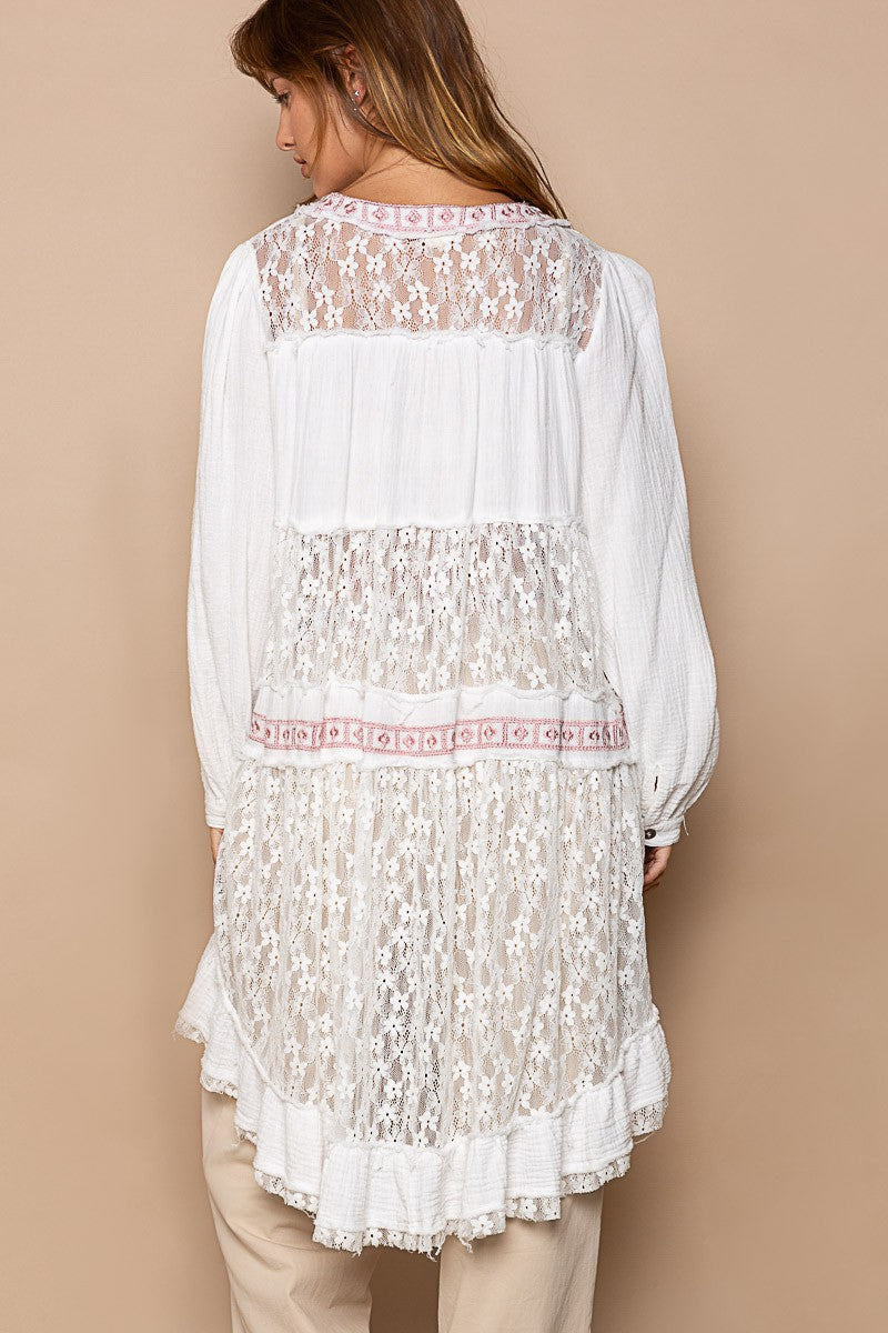 POL Cuff Sleeve Sheer Lace Panels Cardigan Top