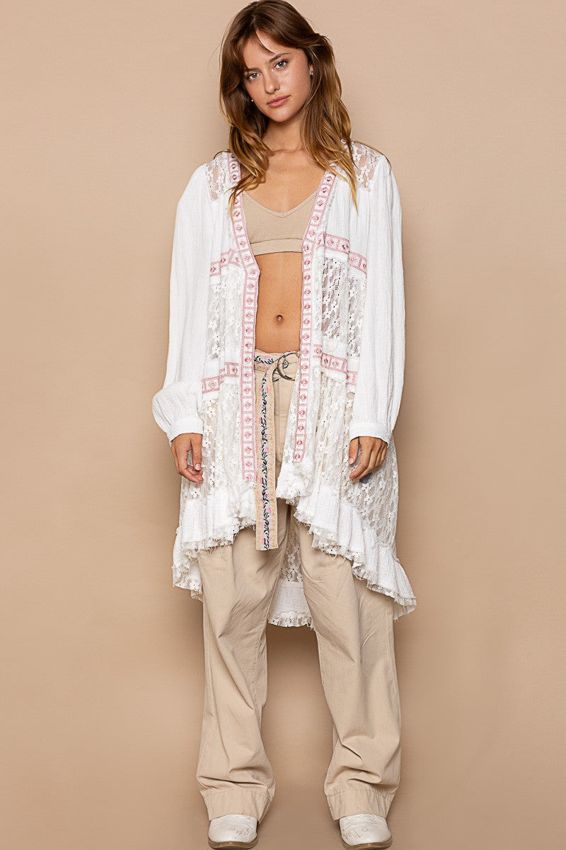 POL Cuff Sleeve Sheer Lace Panels Cardigan Top