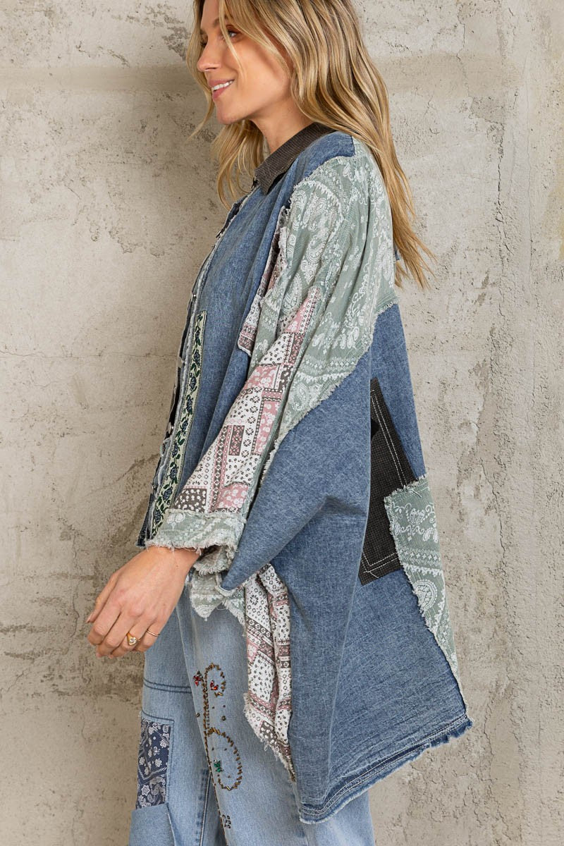 POL Multi Fabric Contrast 3/4 Sleeve High Low Button Down Shirt