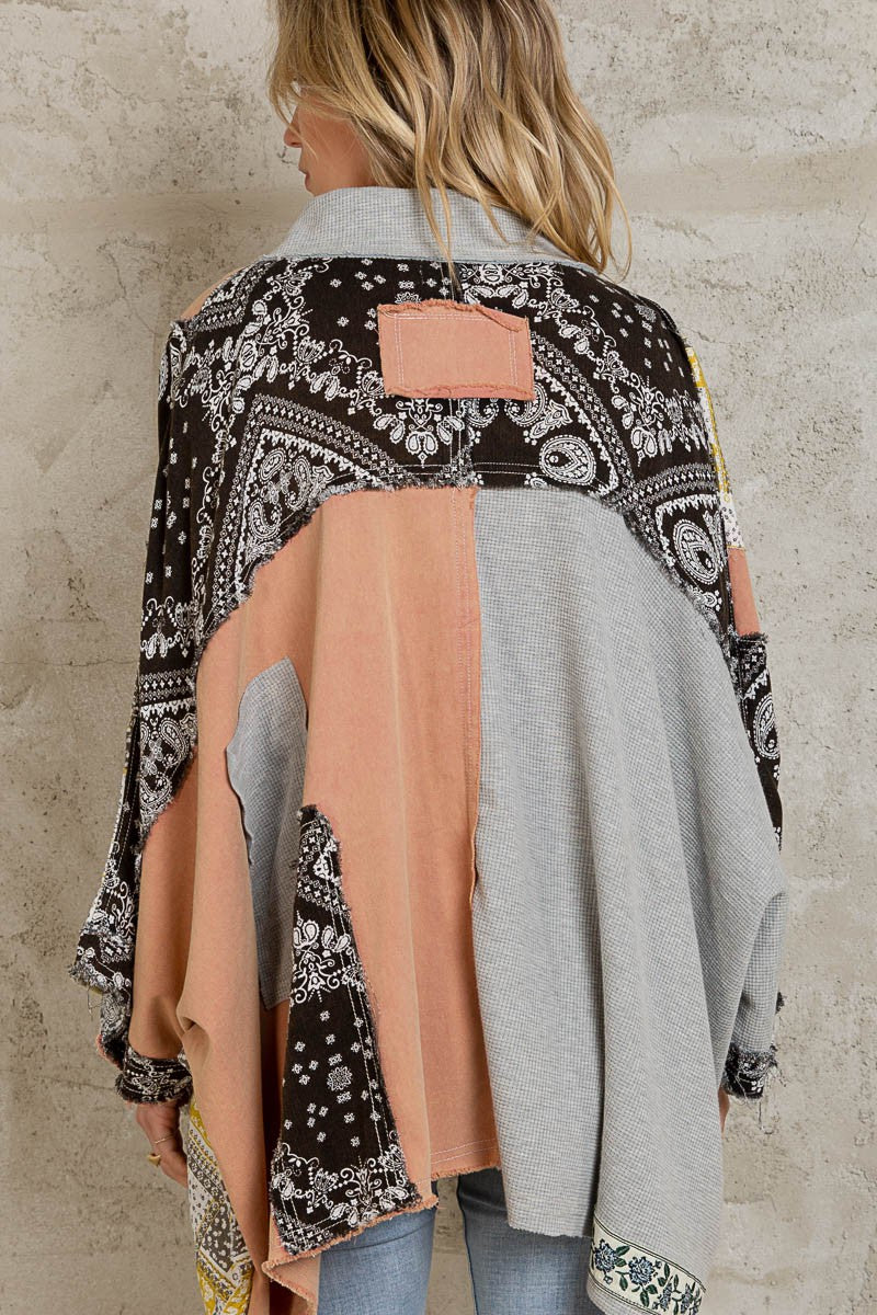 POL Multi Fabric Contrast 3/4 Sleeve High Low Button Down Shirt