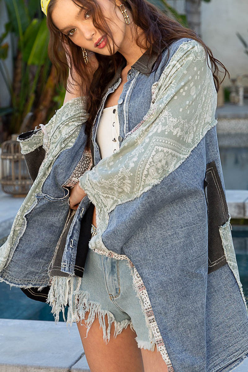 POL Multi Fabric Contrast 3/4 Sleeve High Low Button Down Shirt