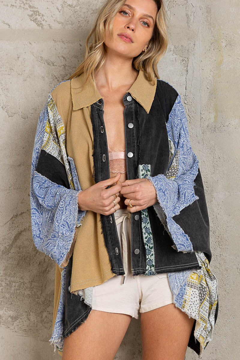 POL Multi Fabric Contrast 3/4 Sleeve High Low Button Down Shirt