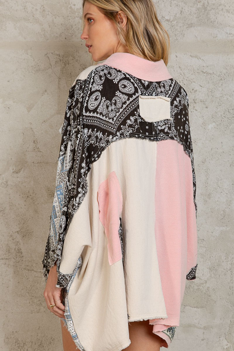 POL Multi Fabric Contrast 3/4 Sleeve High Low Button Down Shirt - Roulhac Fashion Boutique