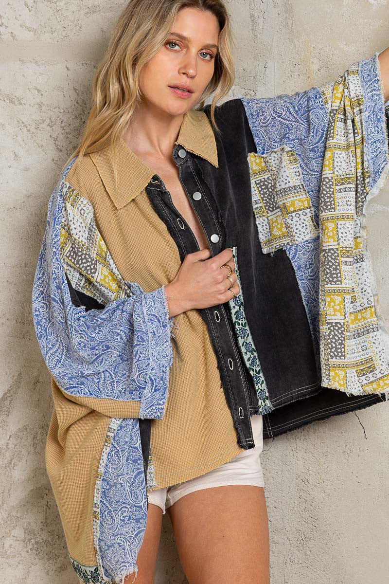 POL Multi Fabric Contrast 3/4 Sleeve High Low Button Down Shirt