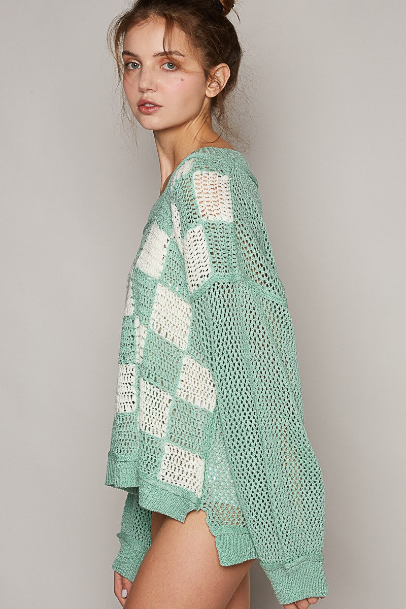 POL Checkered Color Block Contrast Sleeve Sweater Top