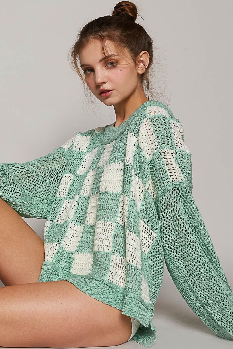 POL Checkered Color Block Contrast Sleeve Sweater Top