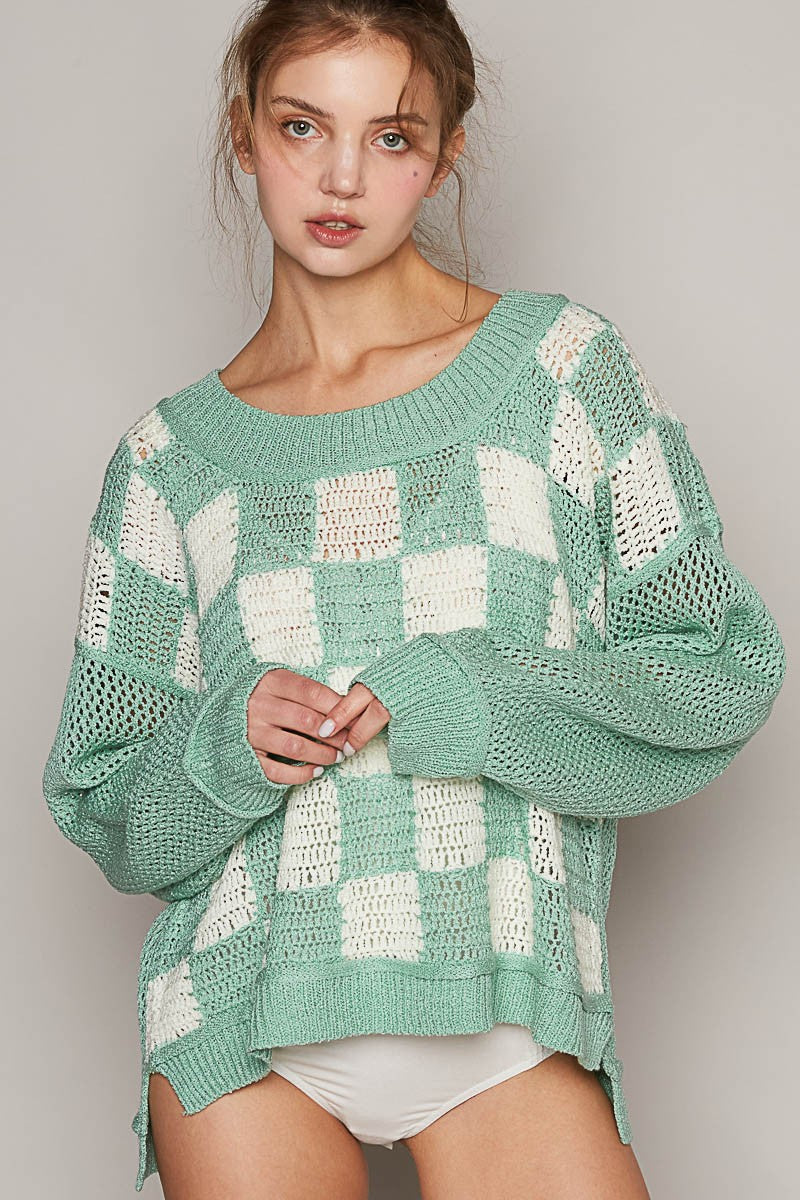 POL Checkered Color Block Contrast Sleeve Sweater Top