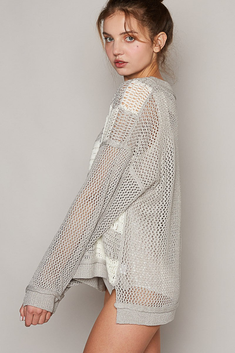 POL Checkered Color Block Contrast Sleeve Sweater Top