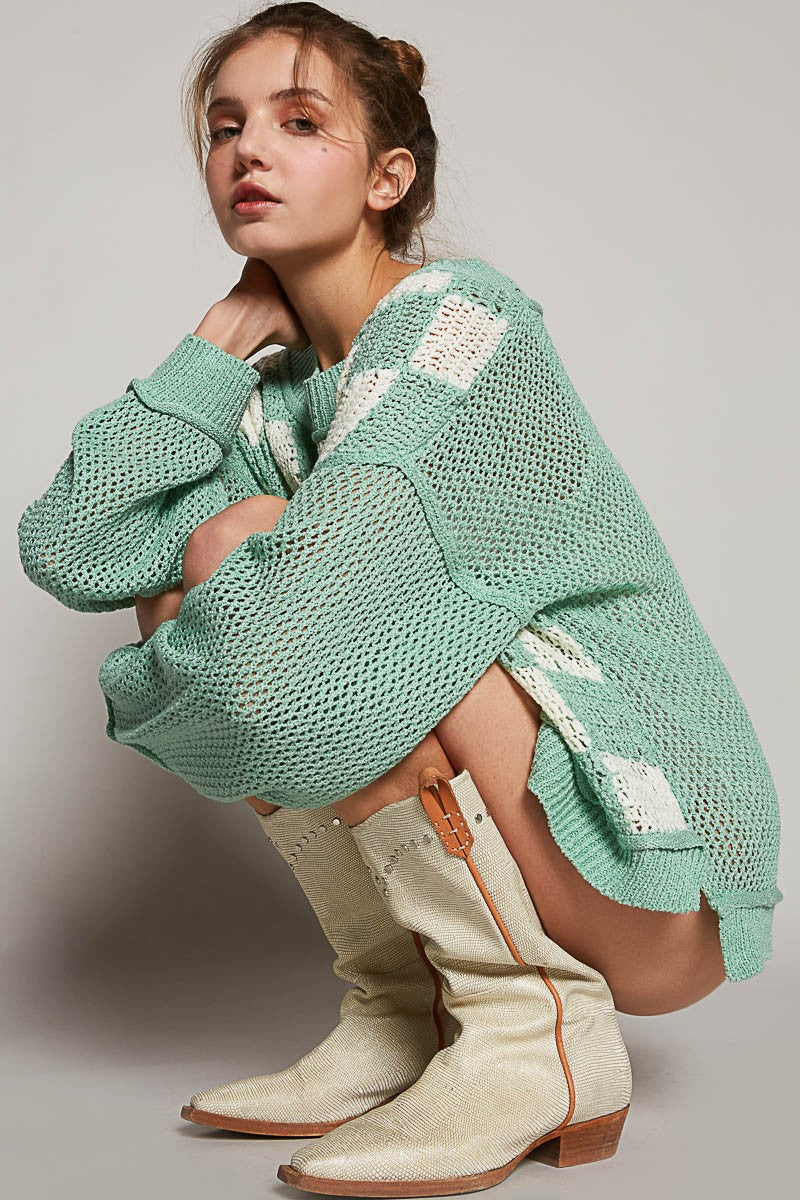 POL Checkered Color Block Contrast Sleeve Sweater Top