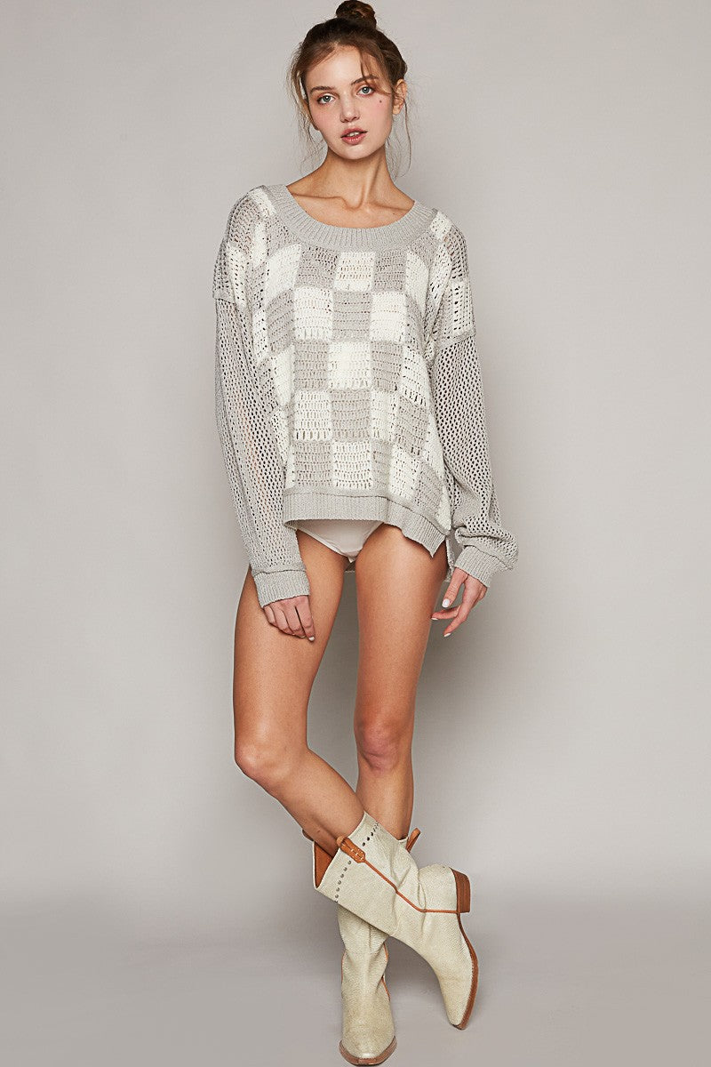 POL Checkered Color Block Contrast Sleeve Sweater Top