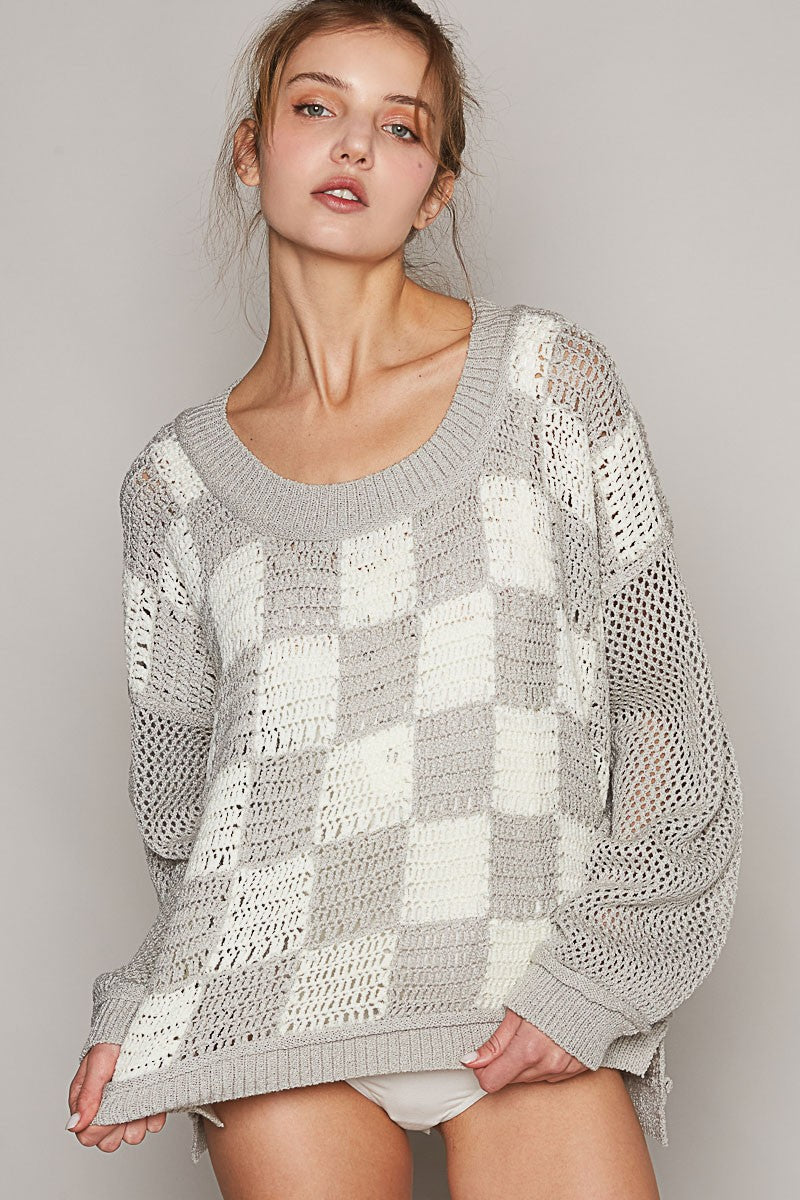 POL Checkered Color Block Contrast Sleeve Sweater Top