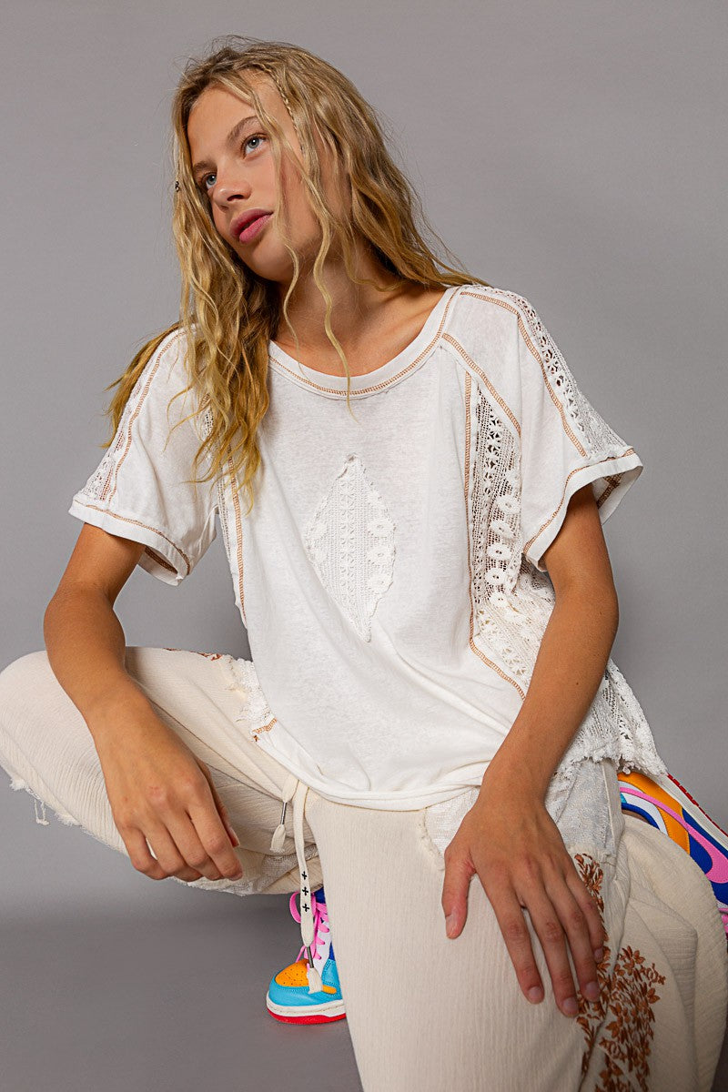 POL Crochet Panel Half Sleeve Open Knit Lace Top