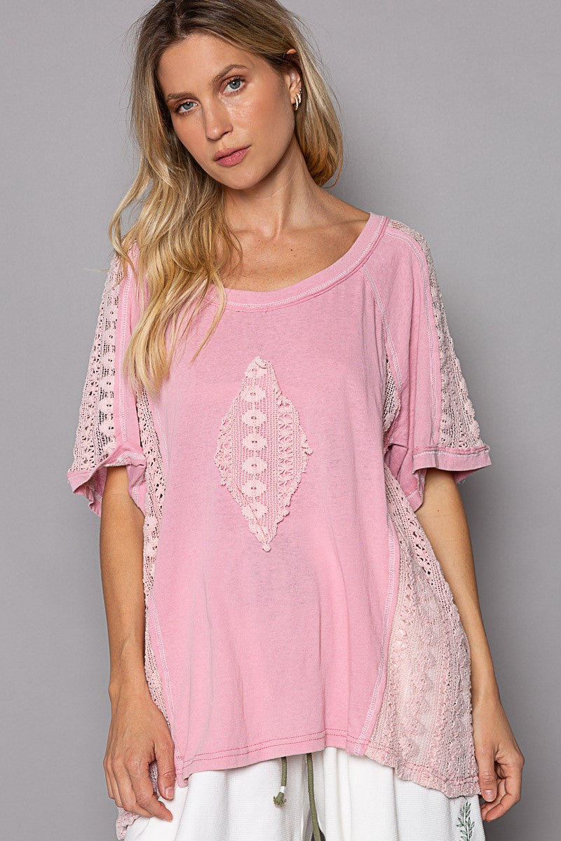 POL Crochet Panel Half Sleeve Open Knit Lace Top