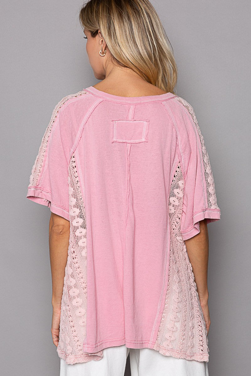 POL Crochet Panel Half Sleeve Open Knit Lace Top