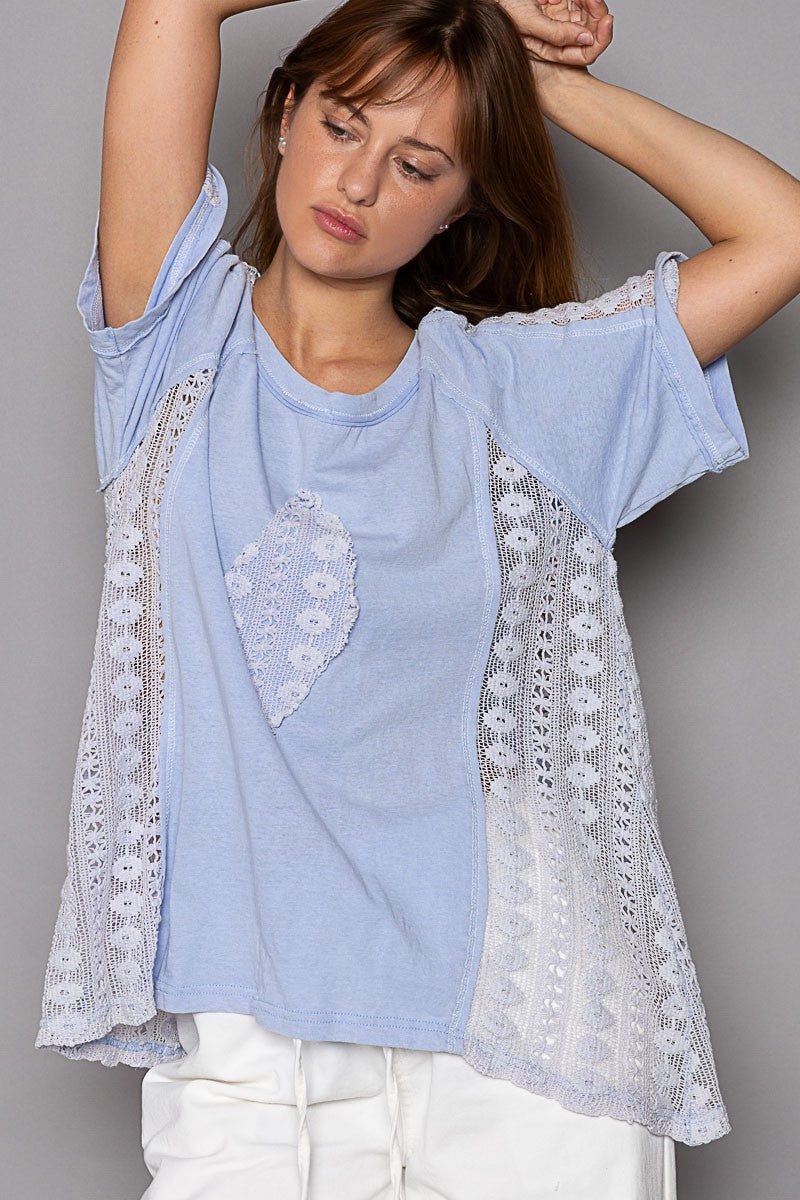 POL Crochet Panel Half Sleeve Open Knit Lace Top