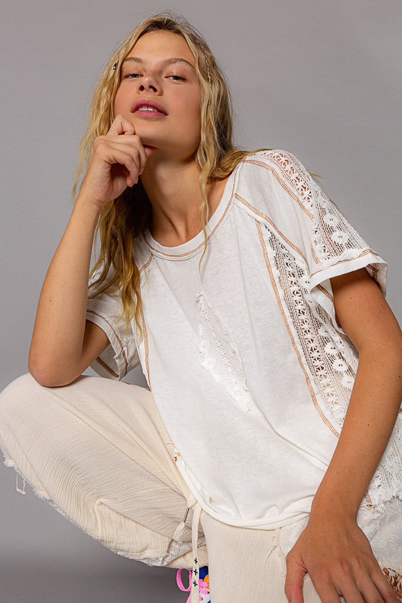 POL Crochet Panel Half Sleeve Open Knit Lace Top