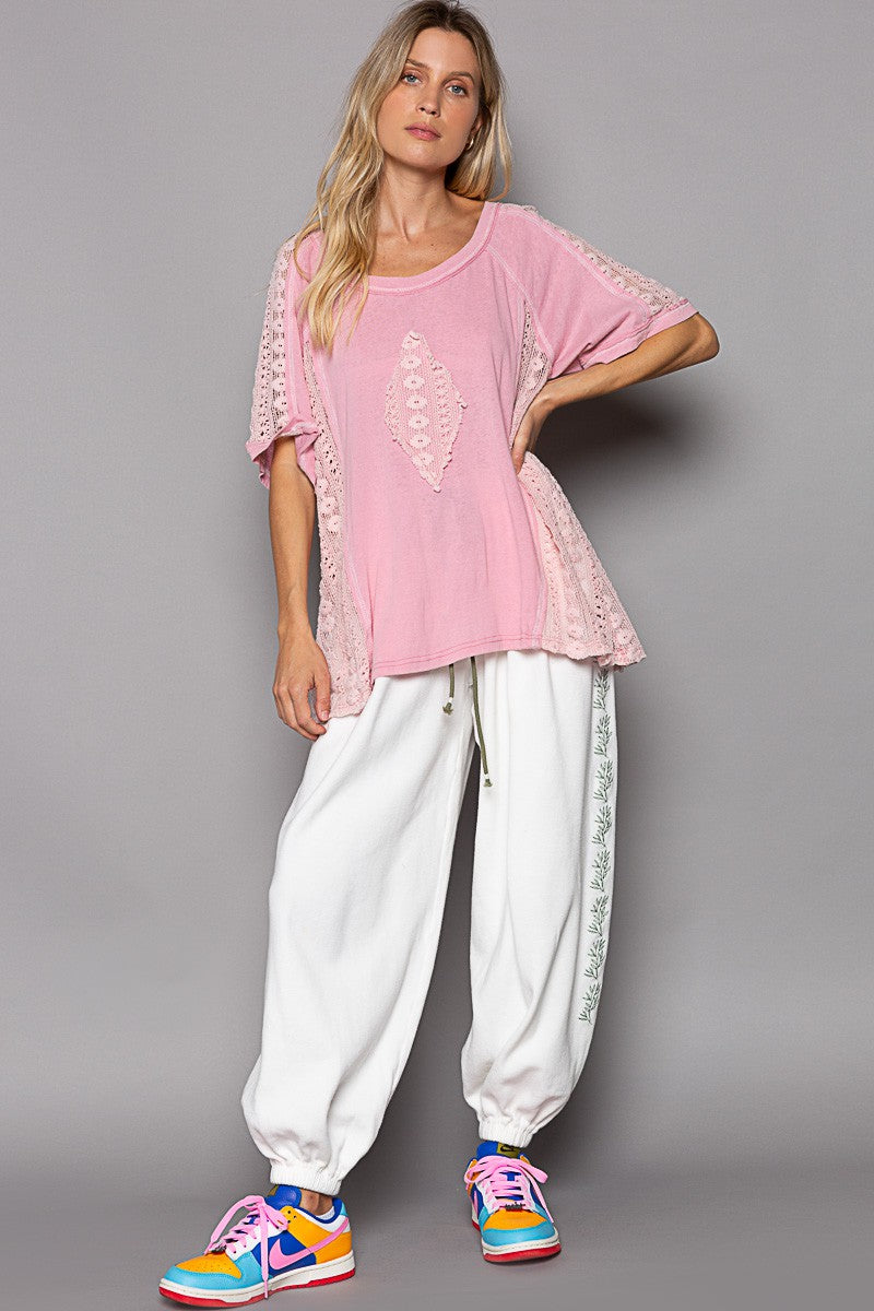 POL Crochet Panel Half Sleeve Open Knit Lace Top