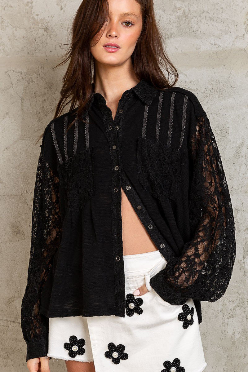 POL Textured Pin Tuck Contrast Lace Button Down Shirt Top