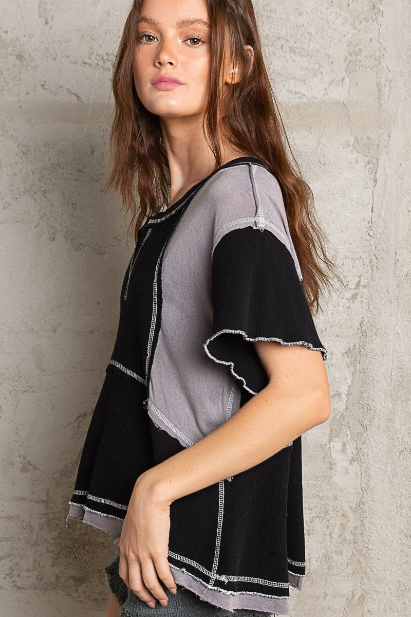 POL Boxy Fit Rib Fabric VNeck Thermal Short Sleeve Frayed Edge Top - Roulhac Fashion Boutique