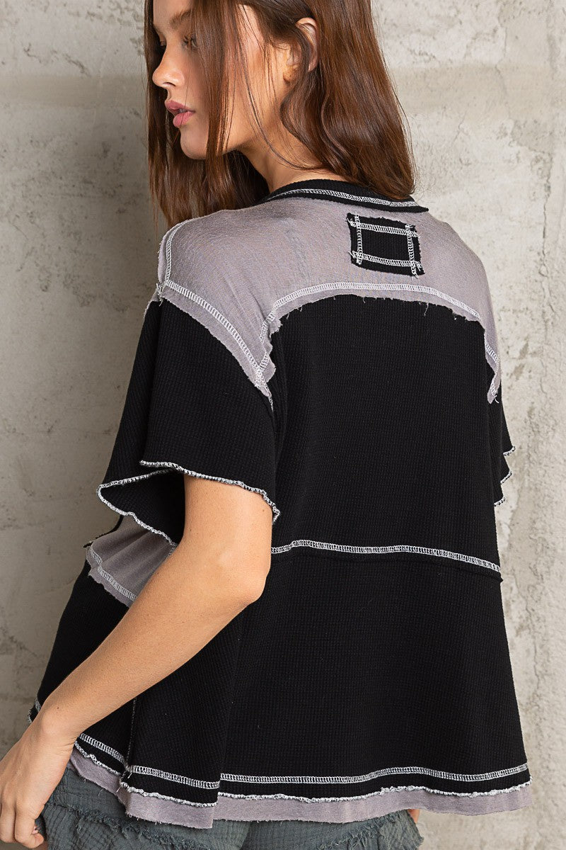 POL Boxy Fit Rib Fabric VNeck Thermal Short Sleeve Frayed Edge Top - Roulhac Fashion Boutique