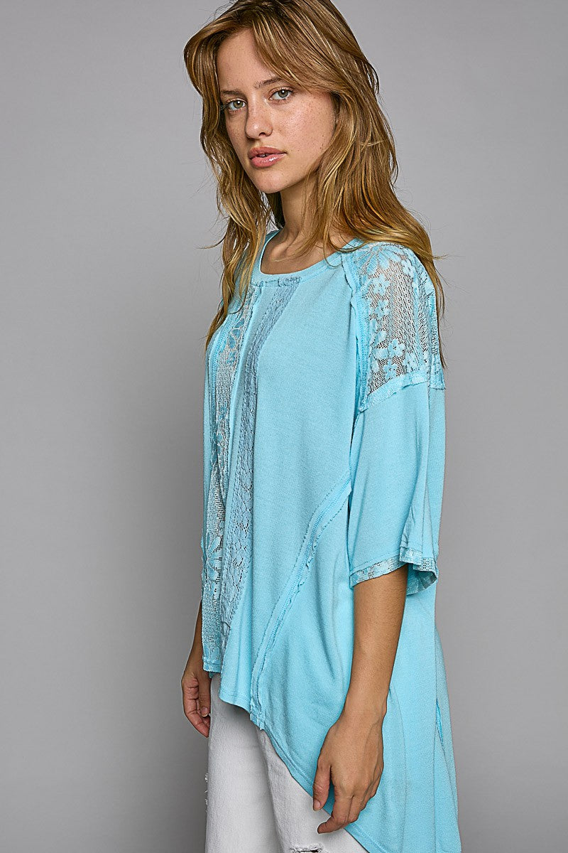 POL Round Neck Lace Short Sleeve Lace Mix Knit Frayed Edge Textured Top - Roulhac Fashion Boutique