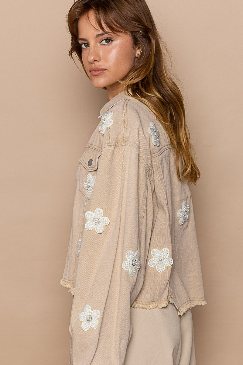 POL Button Down Chest Pockets Floral Patch Relaxed Fit Jacket - Roulhac Fashion Boutique