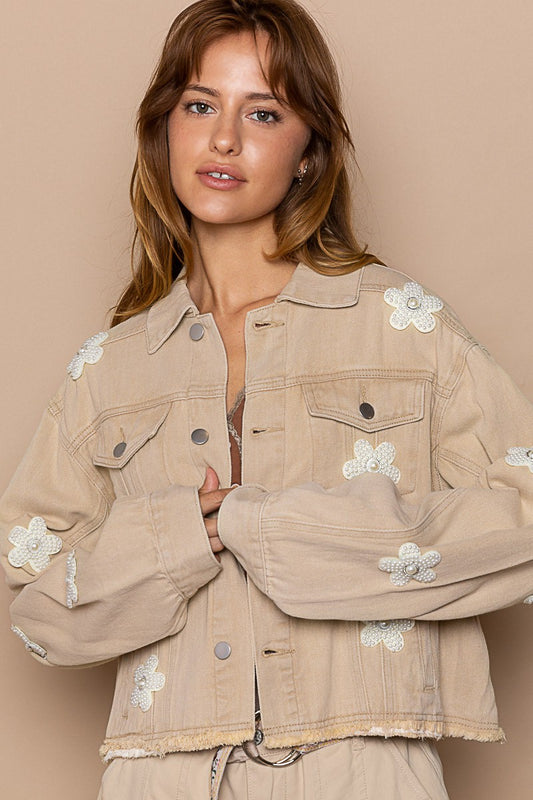 POL Button Down Chest Pockets Floral Patch Relaxed Fit Jacket - Roulhac Fashion Boutique