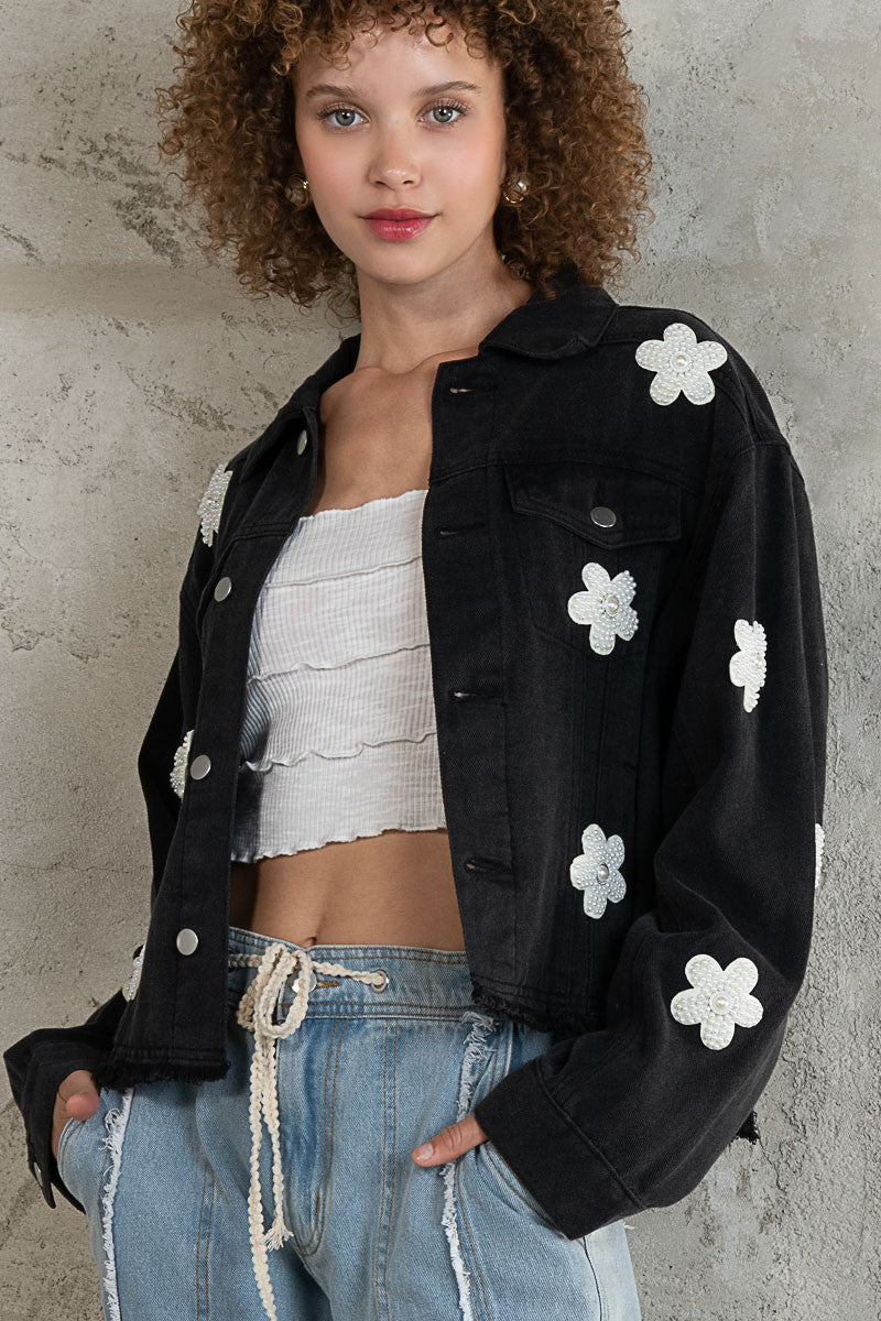 POL Button Down Chest Pockets Floral Patch Relaxed Fit Jacket
