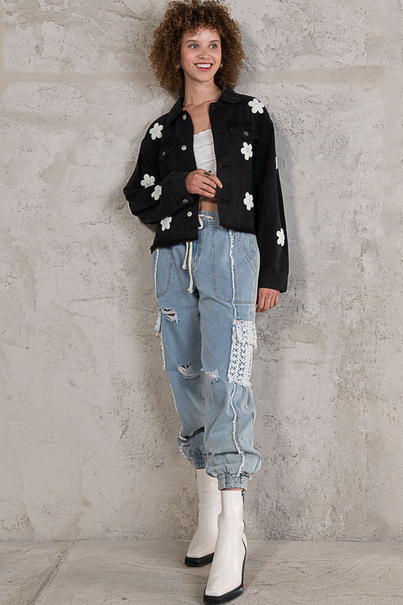 POL Button Down Chest Pockets Floral Patch Relaxed Fit Jacket
