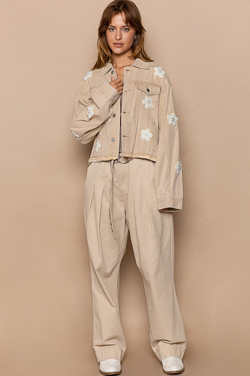 POL Button Down Chest Pockets Floral Patch Relaxed Fit Jacket - Roulhac Fashion Boutique