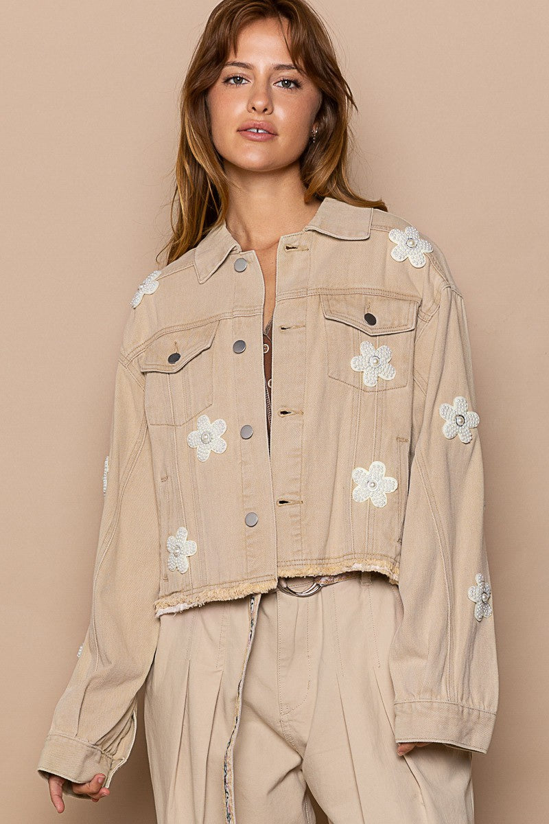 POL Button Down Chest Pockets Floral Patch Relaxed Fit Jacket - Roulhac Fashion Boutique