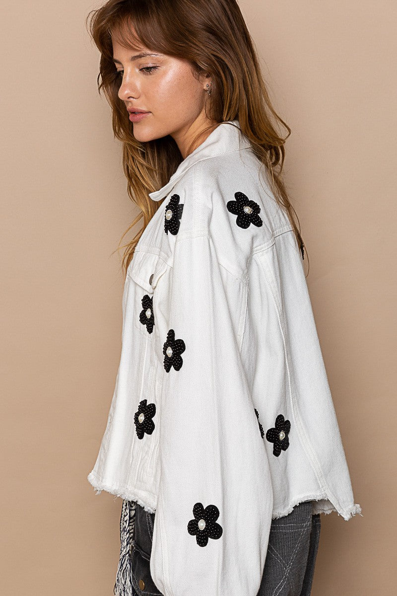 POL Button Down Chest Pockets Floral Patch Relaxed Fit Jacket - Roulhac Fashion Boutique