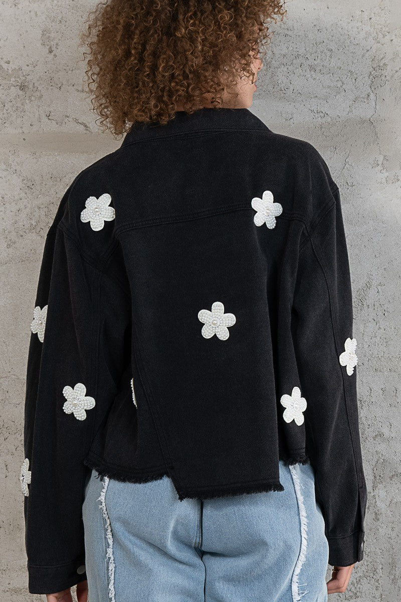 POL Button Down Chest Pockets Floral Patch Relaxed Fit Jacket